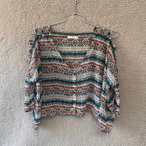 Millau Blouse S Women's Top Aztec Tribal Print Cold shoulder Beachy Semi sheer